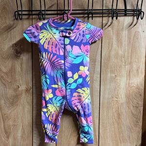 Purple Tropical Leaf Short-Sleeve Footie One-Piece
